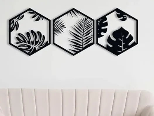 3 Piece Hexagonal Fern and Leaves Wall Decor