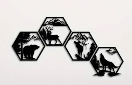 4 Piece Hexagonal Animals Wall Decor